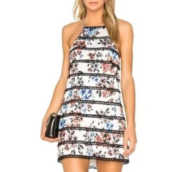 NBD Irene halter lace trim mini shift dress in spring bloom floral NWT S… - Picture 1 of 3